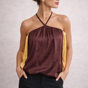 Banana Republic Satin Halter Top Burgundy Butter Yellow Y2K Going Out XS NWT